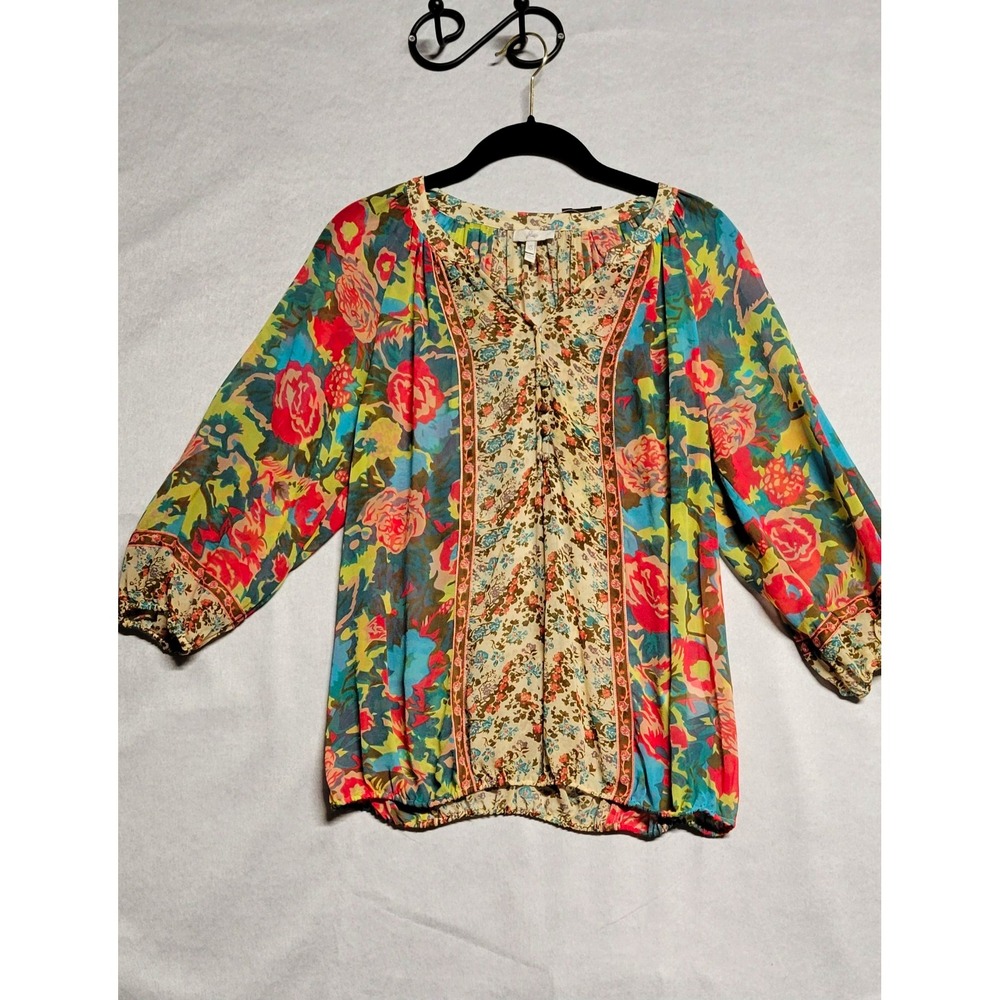 Joie Multicolor Floral Pleated Silk Chiffon 3/4 Sleeve Blouse Size XS